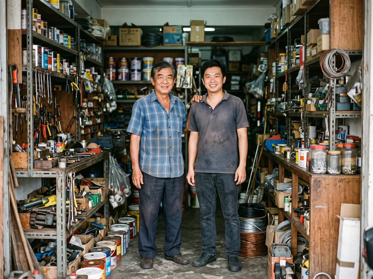 AI illustration of a father and his son standing together in their small family hardware shop
