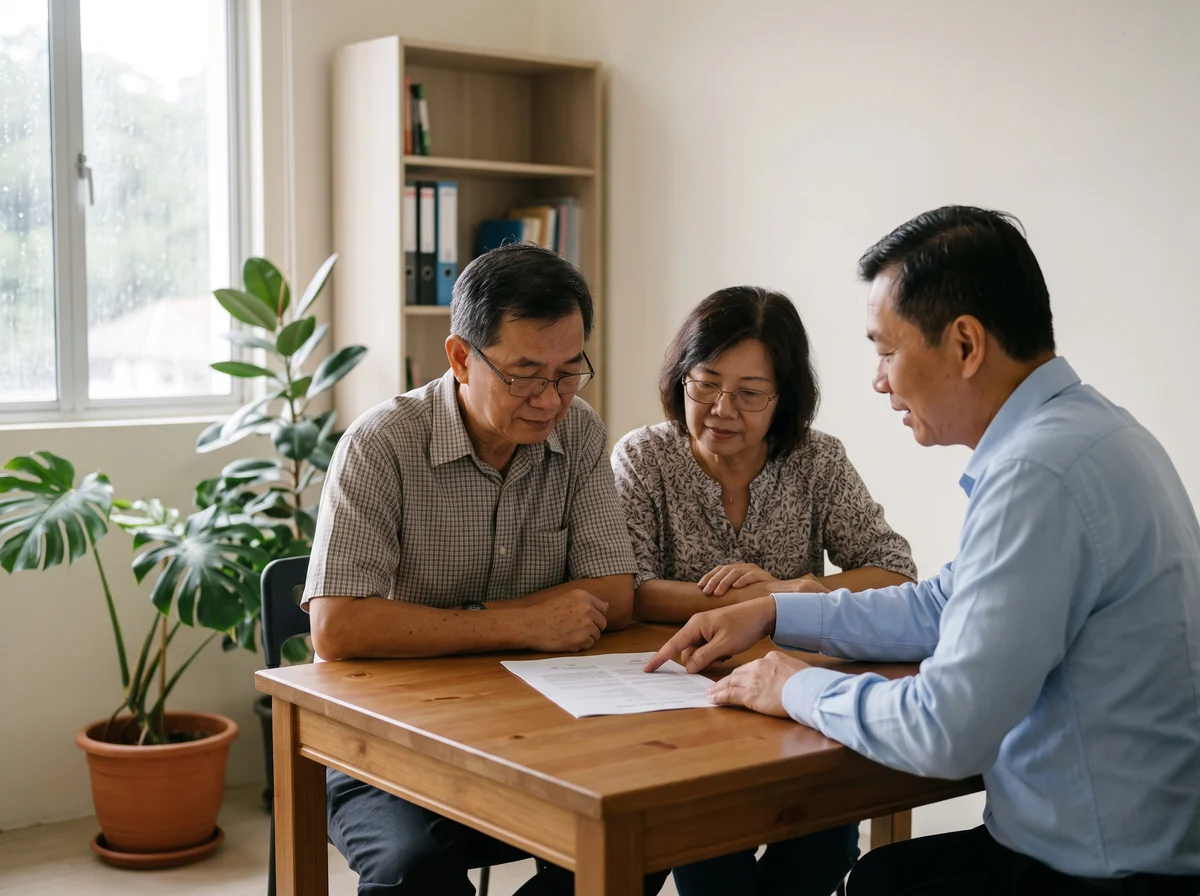 AI illustration of an older couple and an estate planner going through a document together at a wooden table